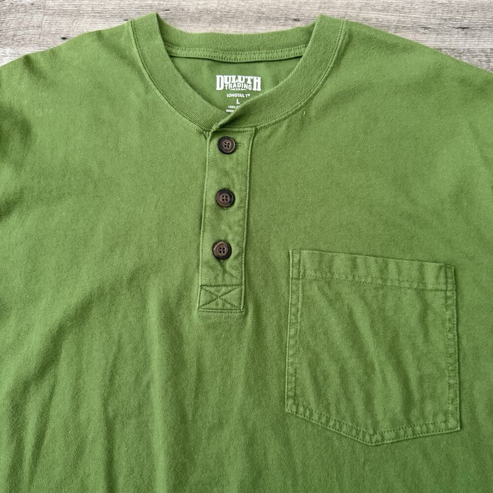 Duluth Trading Henley T-Shirt Mens Large Longtail T Green 100% Cotton Pocket